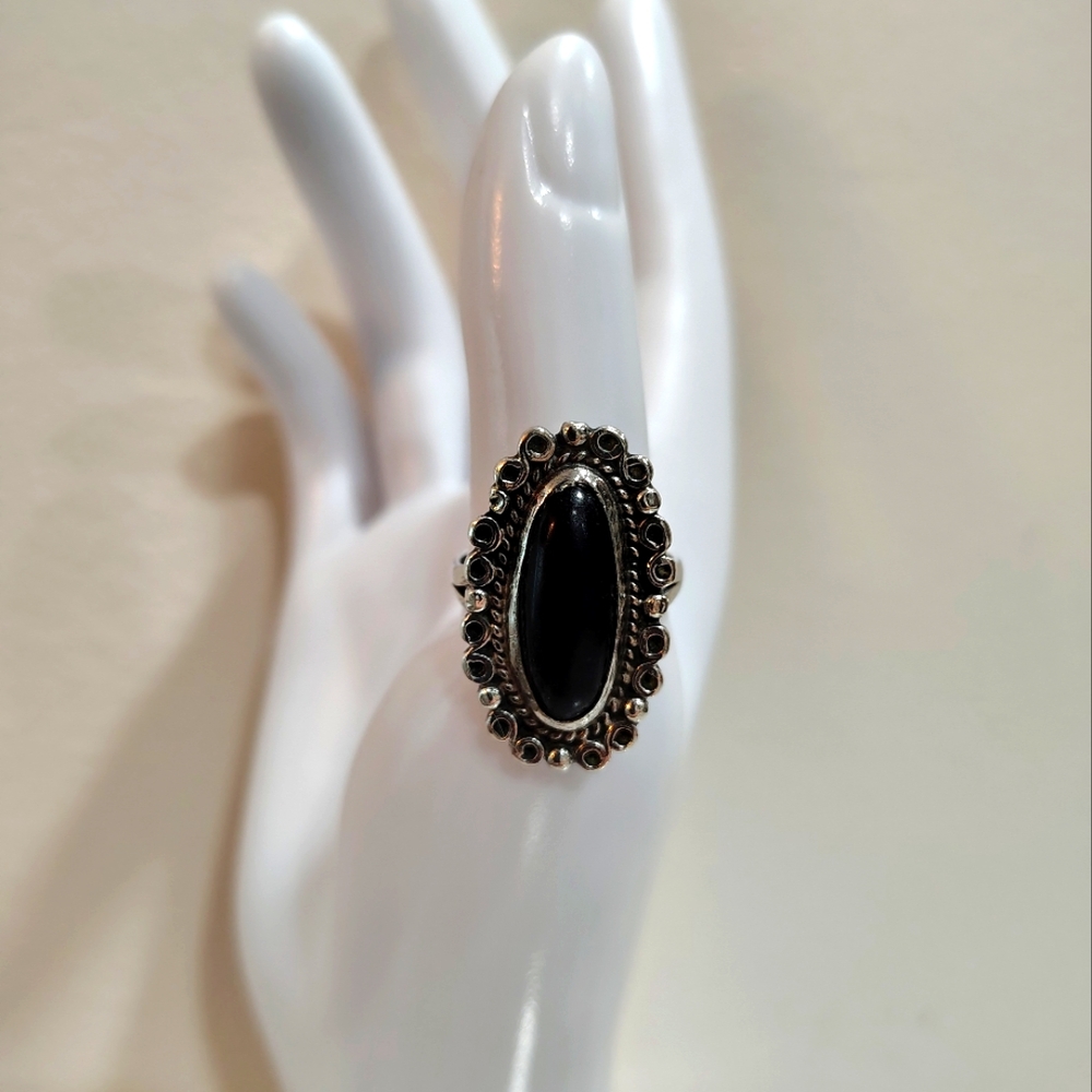 Sterling Silver‎ 925 Mexico Black Onyx Statement Ring Boho Gothic 7.5 Vintage